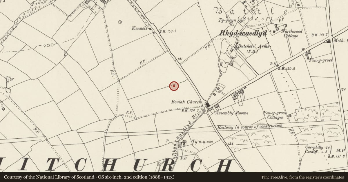 Ordnance Survey six-inch map, 2nd edition (1888–1913) covering the location of Nos. 10 & 12 Lon Isa, Rhiwbina, Cardiff, with a pin at the register's coordinates