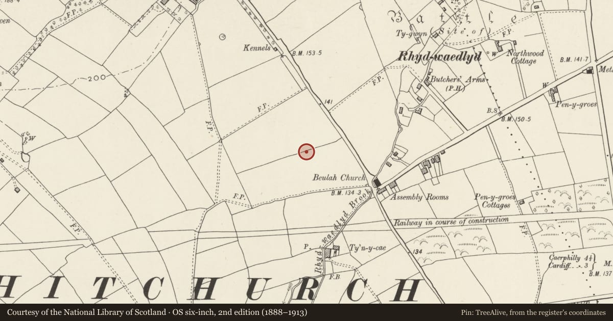 Ordnance Survey six-inch map, 2nd edition (1888–1913) covering the location of Nos. 18 & 20 Lon Isa, Rhiwbina, Cardiff, with a pin at the register's coordinates