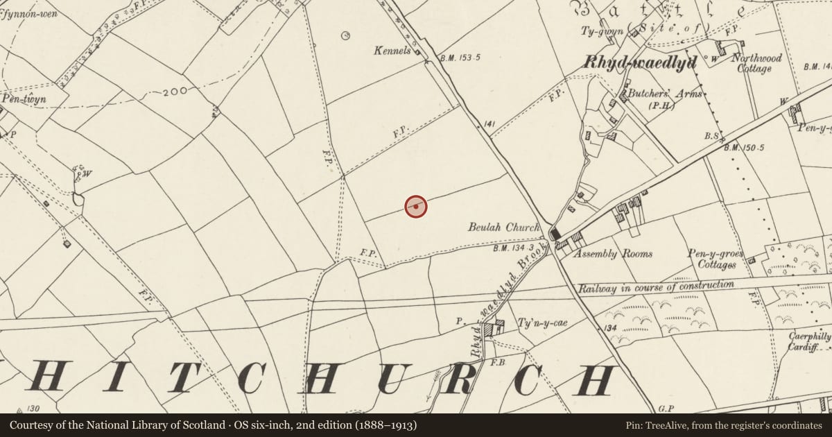 Ordnance Survey six-inch map, 2nd edition (1888–1913) covering the location of Nos. 22 & 24 Lon Isa, Rhiwbina, Cardiff, with a pin at the register's coordinates