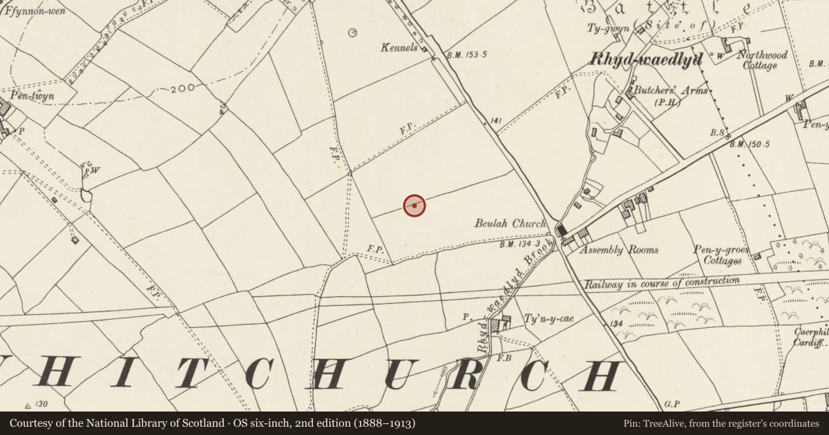 Ordnance Survey six-inch map, 2nd edition (1888–1913) covering the location of Nos. 26 & 28 Lon Isa, Rhiwbina, Cardiff, with a pin at the register's coordinates