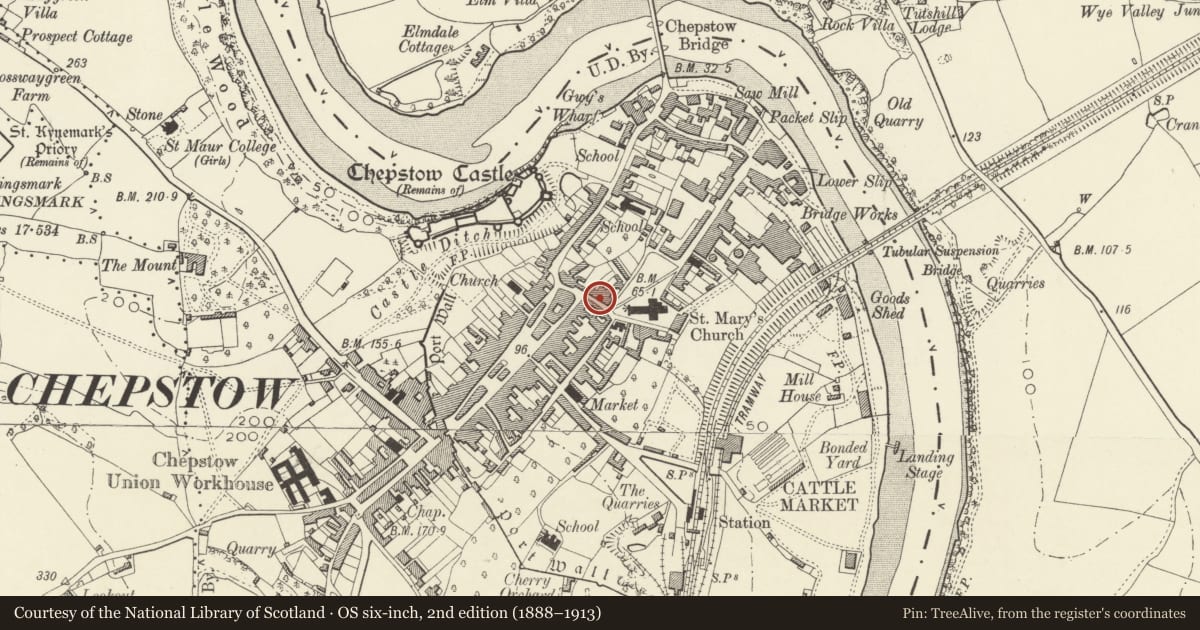 Ordnance Survey six-inch map, 2nd edition (1888–1913) covering the location of The First Hurdle, Chepstow, Monmouthshire, with a pin at the register's coordinates