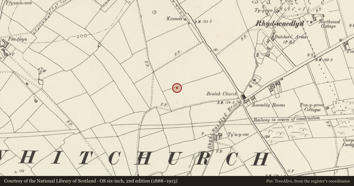 Ordnance Survey six-inch map, 2nd edition (1888–1913) covering the location of Nos. 30 & 32 Lon Isa, Rhiwbina, Cardiff, with a pin at the register's coordinates