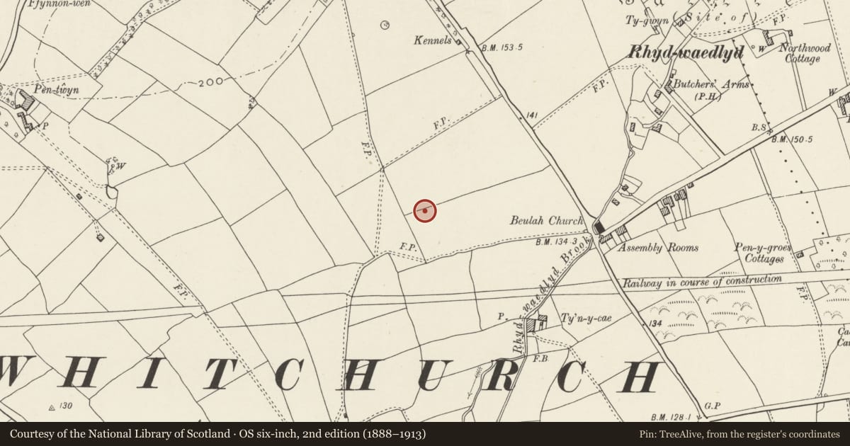 Ordnance Survey six-inch map, 2nd edition (1888–1913) covering the location of Nos. 34 & 36 Lon Isa, Rhiwbina, Cardiff, with a pin at the register's coordinates