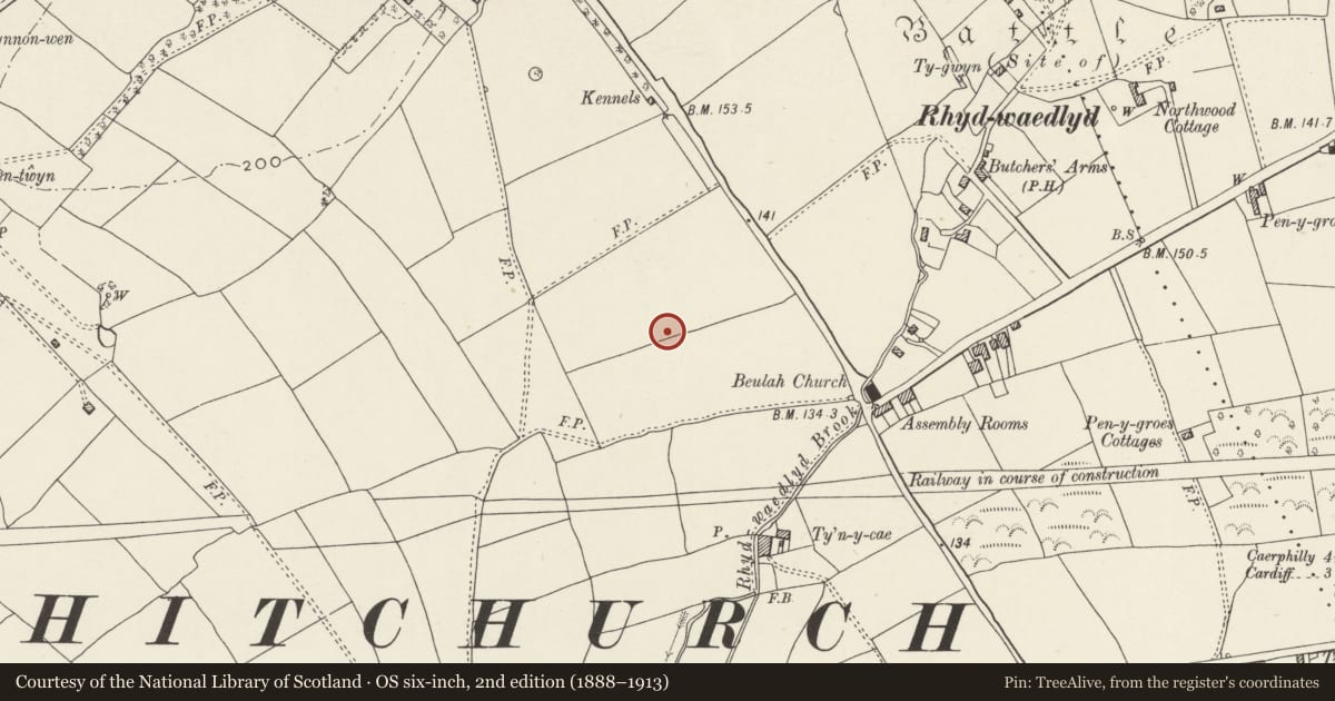 Ordnance Survey six-inch map, 2nd edition (1888–1913) covering the location of Post Box, Rhiwbina, Cardiff, with a pin at the register's coordinates