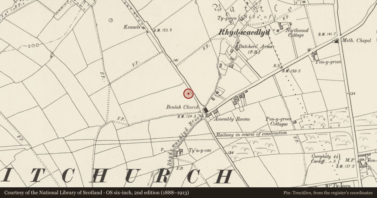 Ordnance Survey six-inch map, 2nd edition (1888–1913) covering the location of Nos. 25 & 27 Heol-y-deri, Rhiwbina, Cardiff, with a pin at the register's coordinates