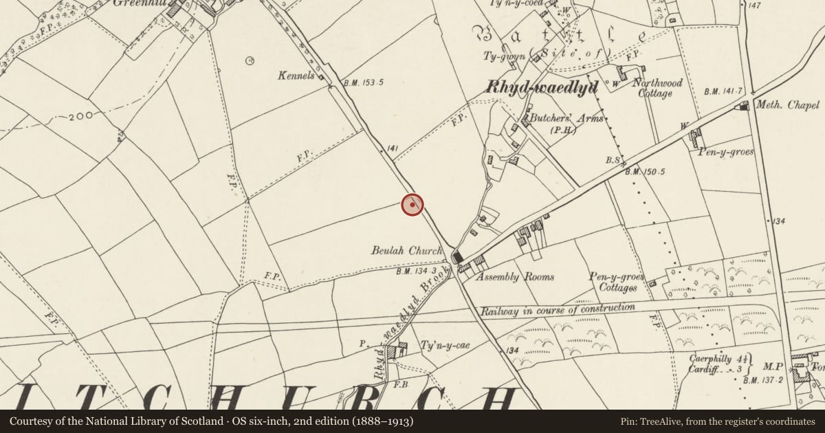 Ordnance Survey six-inch map, 2nd edition (1888–1913) covering the location of Nos. 33 & 35 Heol-y-deri, Rhiwbina, Cardiff, with a pin at the register's coordinates