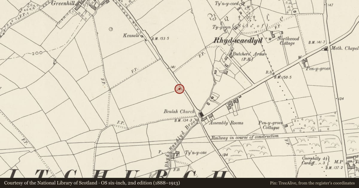 Ordnance Survey six-inch map, 2nd edition (1888–1913) covering the location of Nos. 37 & 39 Heol-y-deri, Rhiwbina, Cardiff, with a pin at the register's coordinates