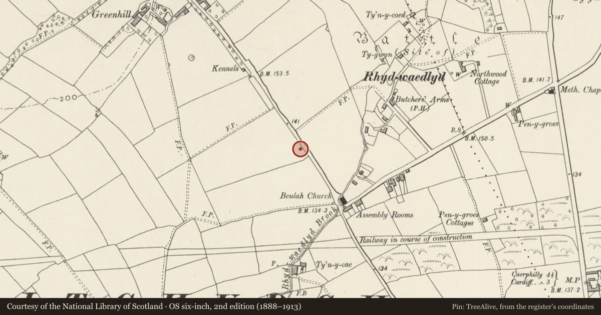 Ordnance Survey six-inch map, 2nd edition (1888–1913) covering the location of Nos. 41 & 43 Heol-y-deri, Rhiwbina, Cardiff, with a pin at the register's coordinates
