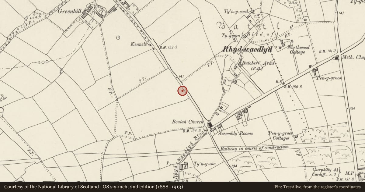 Ordnance Survey six-inch map, 2nd edition (1888–1913) covering the location of Nos. 45 & 47 Heol-y-deri, Rhiwbina, Cardiff, with a pin at the register's coordinates