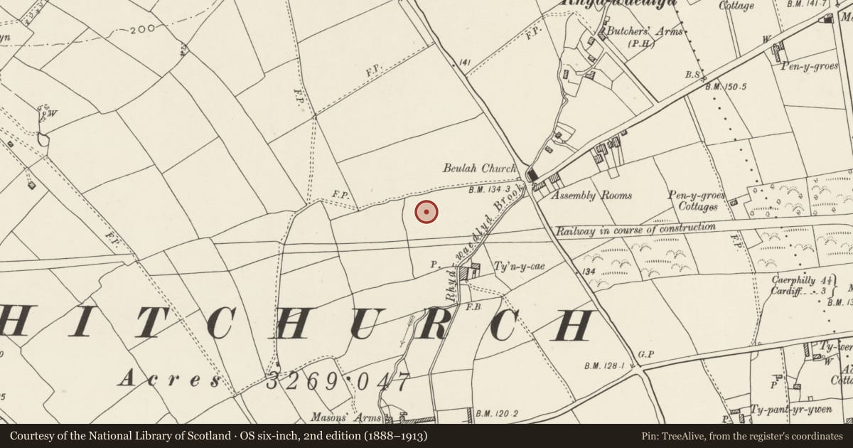 Ordnance Survey six-inch map, 2nd edition (1888–1913) covering the location of Nos. 28 & 30 Pen-y-dre, Rhiwbina, Cardiff, with a pin at the register's coordinates