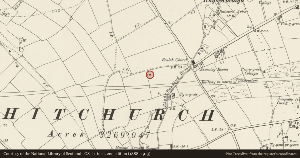 Ordnance Survey six-inch map, 2nd edition (1888–1913) covering the location of Nos. 32-38 Pen-y-dre (evens), Rhiwbina, Cardiff, with a pin at the register's coordinates