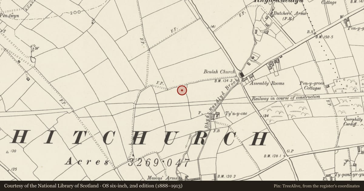 Ordnance Survey six-inch map, 2nd edition (1888–1913) covering the location of Nos. 40-46 Pen-y-dre (evens), Rhiwbina, Cardiff, with a pin at the register's coordinates