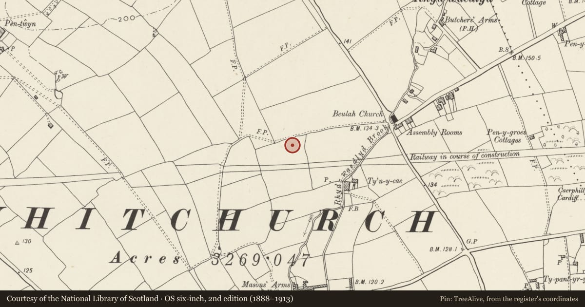 Ordnance Survey six-inch map, 2nd edition (1888–1913) covering the location of Nos. 48 & 50 Pen-y-dre, Rhiwbina, Cardiff, with a pin at the register's coordinates