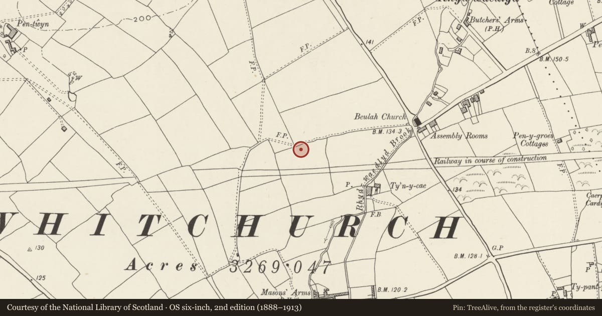 Ordnance Survey six-inch map, 2nd edition (1888–1913) covering the location of Nos. 52-58 Pen-y-dre (evens), Rhiwbina, Cardiff, with a pin at the register's coordinates