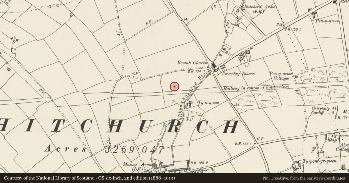Ordnance Survey six-inch map, 2nd edition (1888–1913) covering the location of Nos. 37 & 39 Pen-y-dre, Rhiwbina, Cardiff, with a pin at the register's coordinates