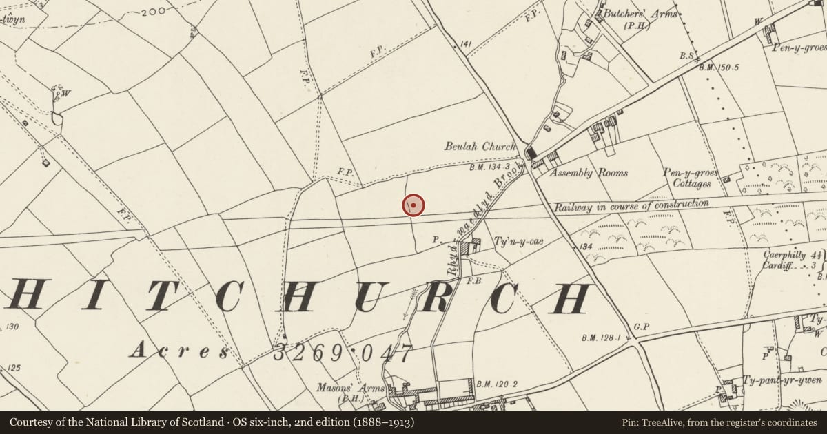 Ordnance Survey six-inch map, 2nd edition (1888–1913) covering the location of Nos. 49 & 51 Pen-y-dre, Rhiwbina, Cardiff, with a pin at the register's coordinates