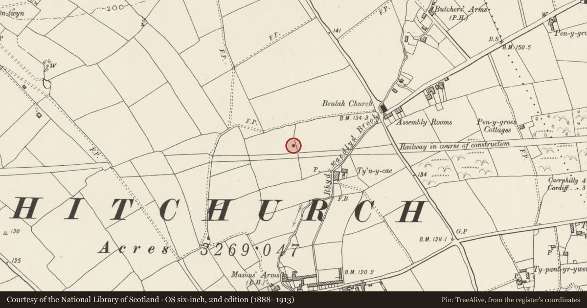 Ordnance Survey six-inch map, 2nd edition (1888–1913) covering the location of Nos. 53 & 55 Pen-y-dre, Rhiwbina, Cardiff, with a pin at the register's coordinates