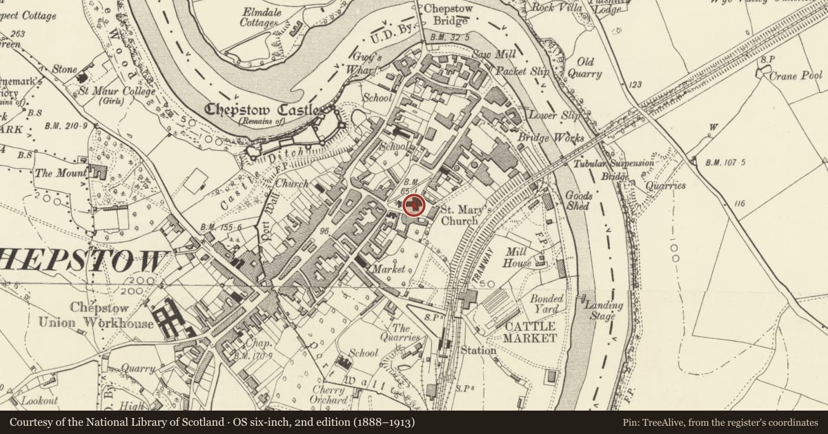 Ordnance Survey six-inch map, 2nd edition (1888–1913) covering the location of Parish Church of St Mary, Chepstow, Monmouthshire, with a pin at the register's coordinates