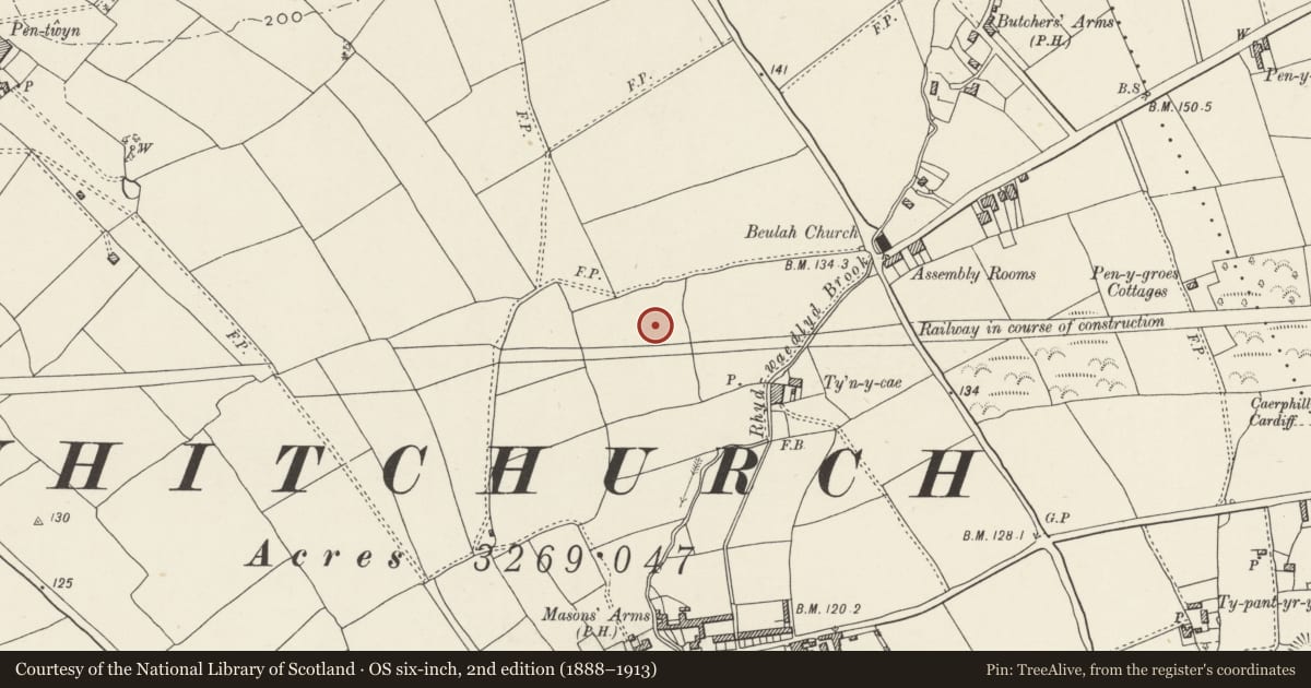 Ordnance Survey six-inch map, 2nd edition (1888–1913) covering the location of Nos. 57-63 Pen-y-dre (odds), Rhiwbina, Cardiff, with a pin at the register's coordinates