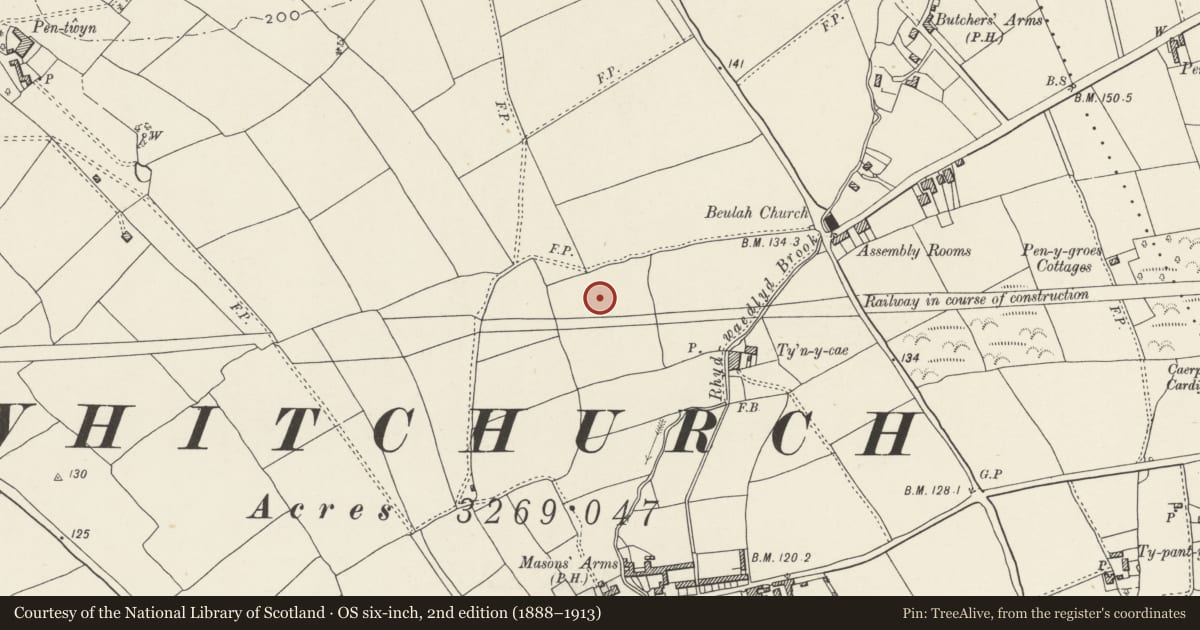 Ordnance Survey six-inch map, 2nd edition (1888–1913) covering the location of Nos. 65-71 Pen-y-dre (odds), Rhiwbina, Cardiff, with a pin at the register's coordinates