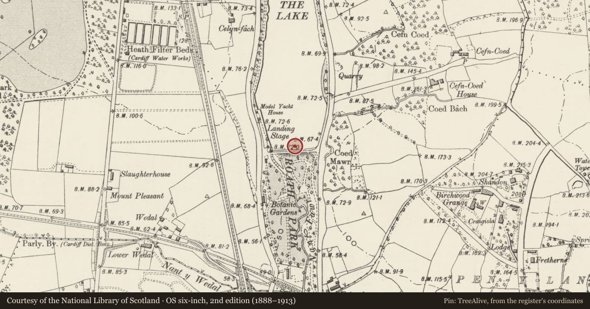 Ordnance Survey six-inch map, 2nd edition (1888–1913) covering the location of Scott Memorial, Cyncoed, Cardiff, with a pin at the register's coordinates