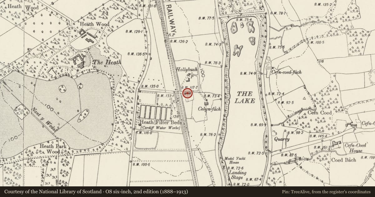 Ordnance Survey six-inch map, 2nd edition (1888–1913) covering the location of Entrance Gateway and flanking walls to Jews' Cemetery, Cyncoed, Cardiff, with a pin at the register's coordinates