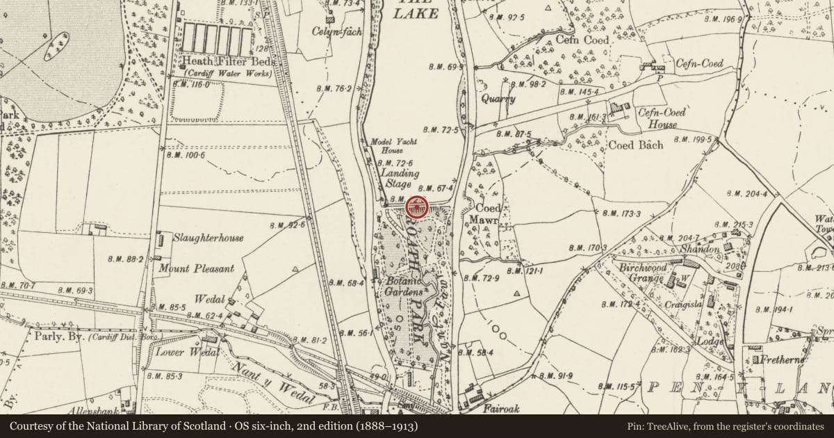 Ordnance Survey six-inch map, 2nd edition (1888–1913) covering the location of Lake Dam including Spillways, Cyncoed, Cardiff, with a pin at the register's coordinates