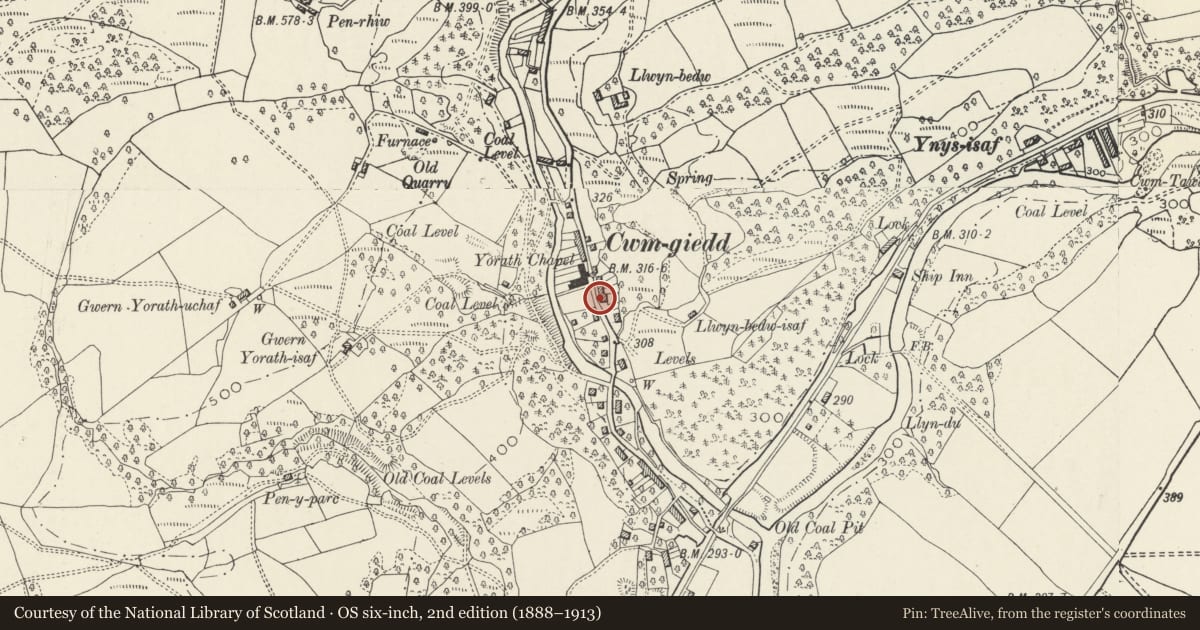 Ordnance Survey six-inch map, 2nd edition (1888–1913) covering the location of 74 Heol Giedd, Ystradgynlais, Powys, with a pin at the register's coordinates