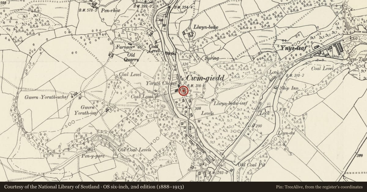 Ordnance Survey six-inch map, 2nd edition (1888–1913) covering the location of 80 Heol Giedd, Ystradgynlais, Powys, with a pin at the register's coordinates