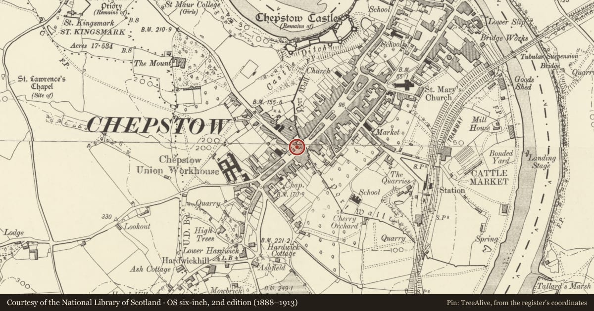 Ordnance Survey six-inch map, 2nd edition (1888–1913) covering the location of 21 Welsh Street, Chepstow, Monmouthshire, with a pin at the register's coordinates