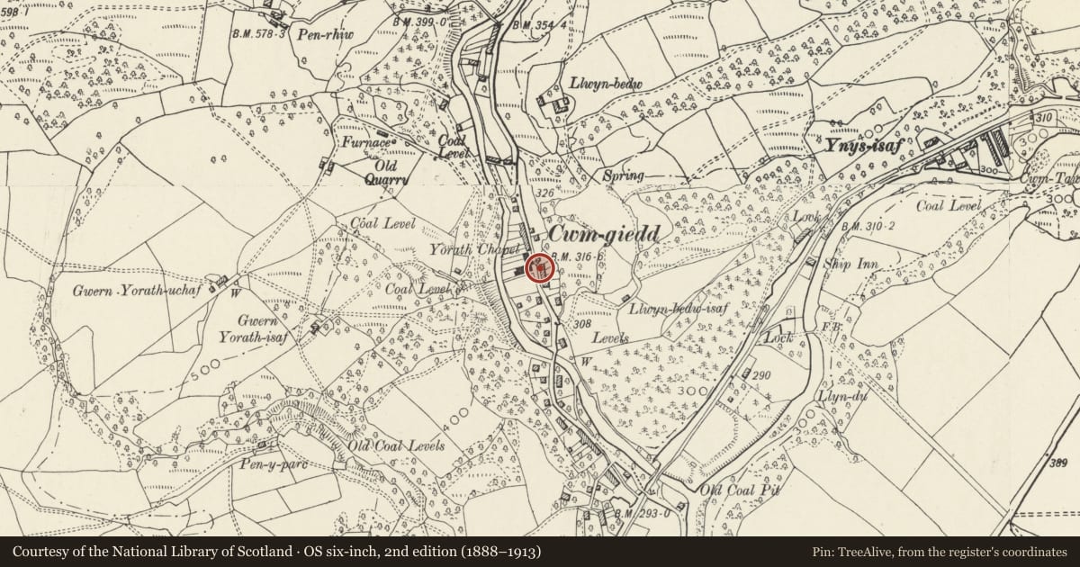 Ordnance Survey six-inch map, 2nd edition (1888–1913) covering the location of 82 Heol Giedd, Ystradgynlais, Powys, with a pin at the register's coordinates