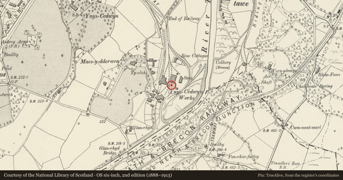 Ordnance Survey six-inch map, 2nd edition (1888–1913) covering the location of Chimney of former Ynysgedwen Iron Works, Ystradgynlais, Powys, with a pin at the register's coordinates