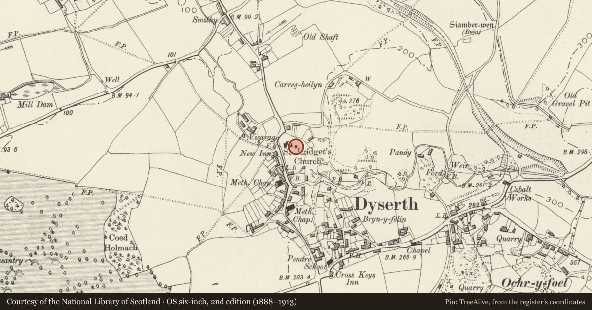 Ordnance Survey six-inch map, 2nd edition (1888–1913) covering the location of Tomb group in St Bridget's Churchyard, Dyserth, Denbighshire, with a pin at the register's coordinates