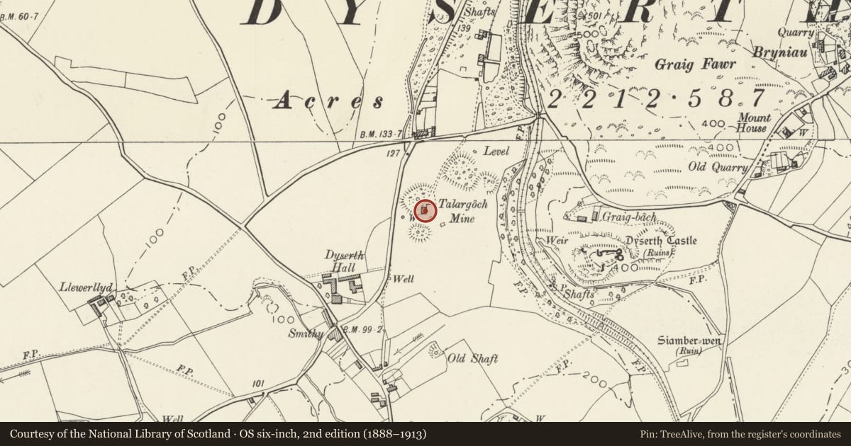 Ordnance Survey six-inch map, 2nd edition (1888–1913) covering the location of Clive Engine House, Talargoch Mine, Dyserth, Denbighshire, with a pin at the register's coordinates