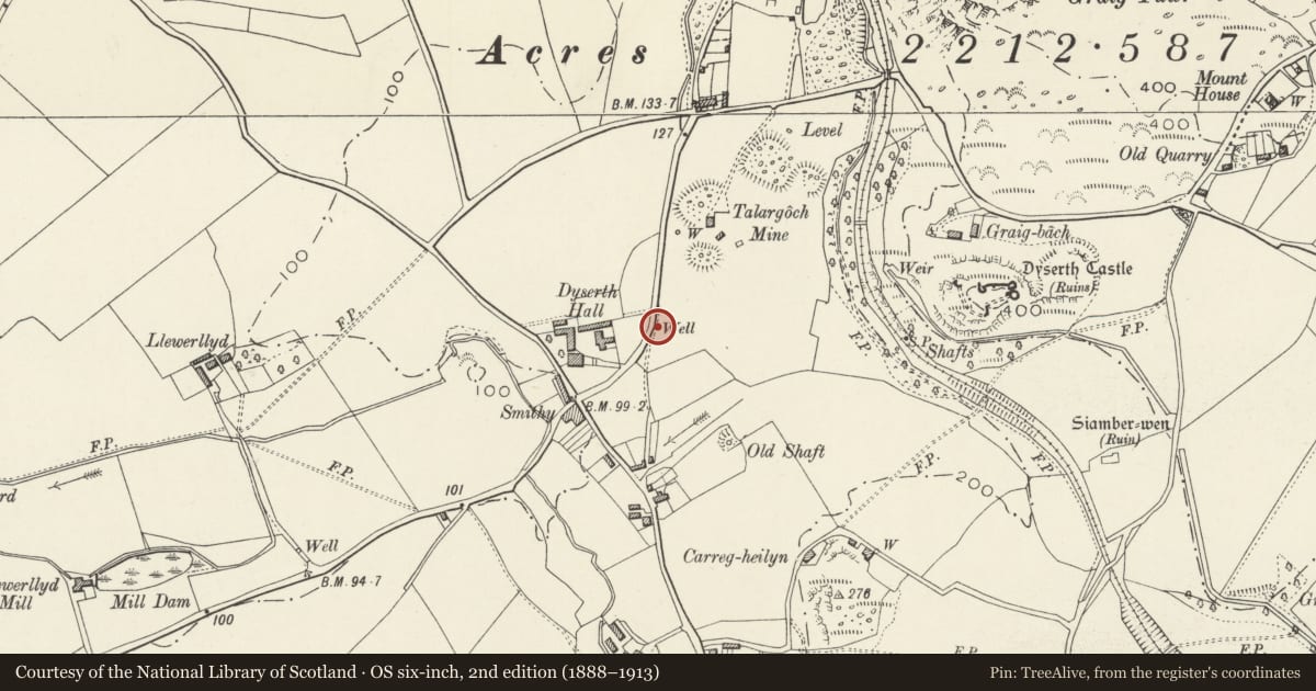 Ordnance Survey six-inch map, 2nd edition (1888–1913) covering the location of Roadside Well opposite Dyserth Hall, Denbighshire, with a pin at the register's coordinates