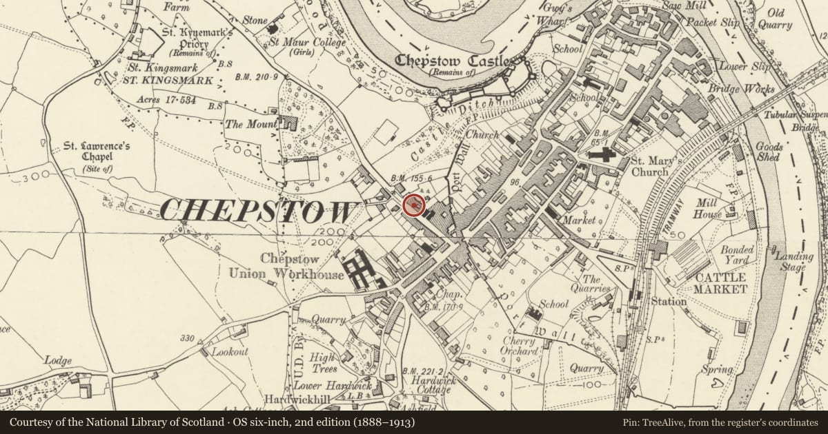 Ordnance Survey six-inch map, 2nd edition (1888–1913) covering the location of Coach and Horses Inn, Chepstow, Monmouthshire, with a pin at the register's coordinates