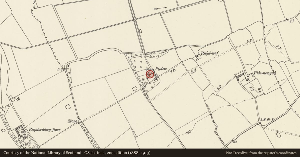 Ordnance Survey six-inch map, 2nd edition (1888–1913) covering the location of West Range of Farm Buildings at Pydew Farm, Prestatyn, Denbighshire, with a pin at the register's coordinates