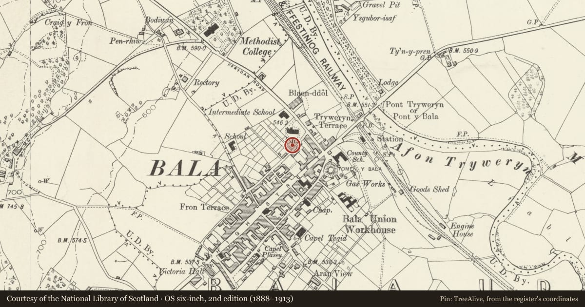 Ordnance Survey six-inch map, 2nd edition (1888–1913) covering the location of Rosedale, Including Forecourt Walls & Railings, Bala, Gwynedd, with a pin at the register's coordinates