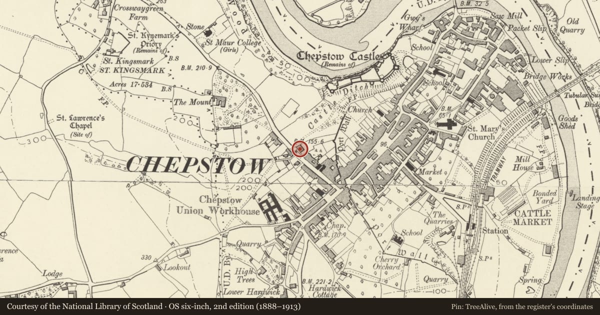 Ordnance Survey six-inch map, 2nd edition (1888–1913) covering the location of Boscobell House, Chepstow, Monmouthshire, with a pin at the register's coordinates