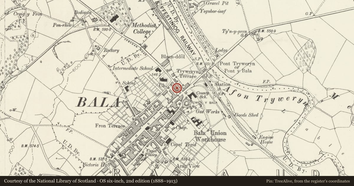 Ordnance Survey six-inch map, 2nd edition (1888–1913) covering the location of 10 Ffrydan Road, Bala, Gwynedd, with a pin at the register's coordinates