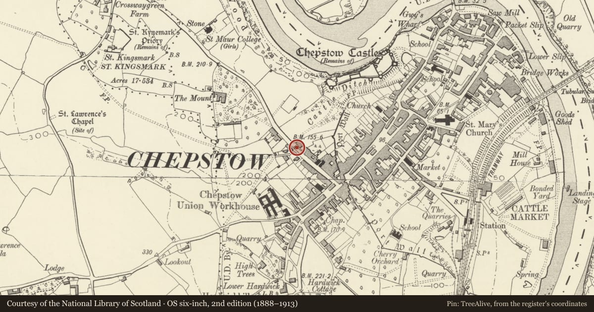 Ordnance Survey six-inch map, 2nd edition (1888–1913) covering the location of Forecourt railings and gate to Boscobell House, Chepstow, Monmouthshire, with a pin at the register's coordinates