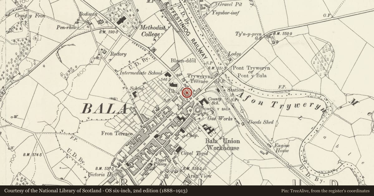 Ordnance Survey six-inch map, 2nd edition (1888–1913) covering the location of 12 Ffrydan Road, Bala, Gwynedd, with a pin at the register's coordinates