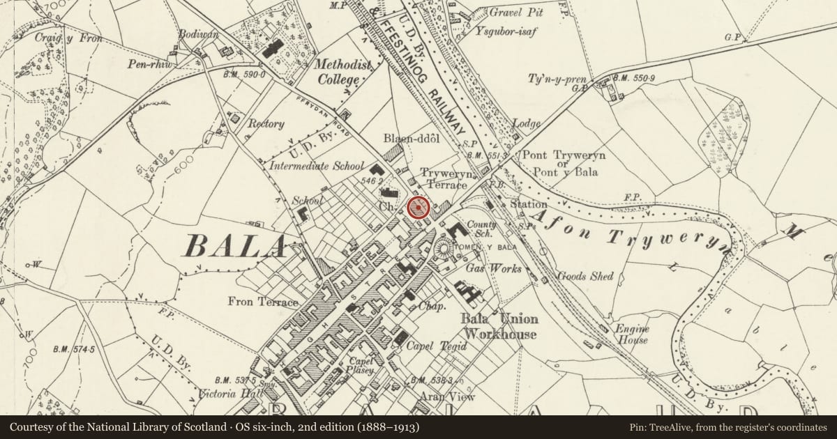 Ordnance Survey six-inch map, 2nd edition (1888–1913) covering the location of 14 Ffrydan Road, Bala, Gwynedd, with a pin at the register's coordinates