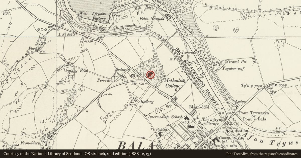 Ordnance Survey six-inch map, 2nd edition (1888–1913) covering the location of Coleg Bala, Including Forecourt Walls and Gatepiers, Gwynedd, with a pin at the register's coordinates