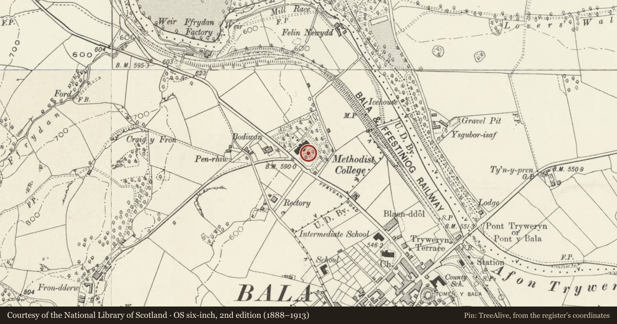 Ordnance Survey six-inch map, 2nd edition (1888–1913) covering the location of Statue of Lewis Edwards at Coleg Bala, Gwynedd, with a pin at the register's coordinates
