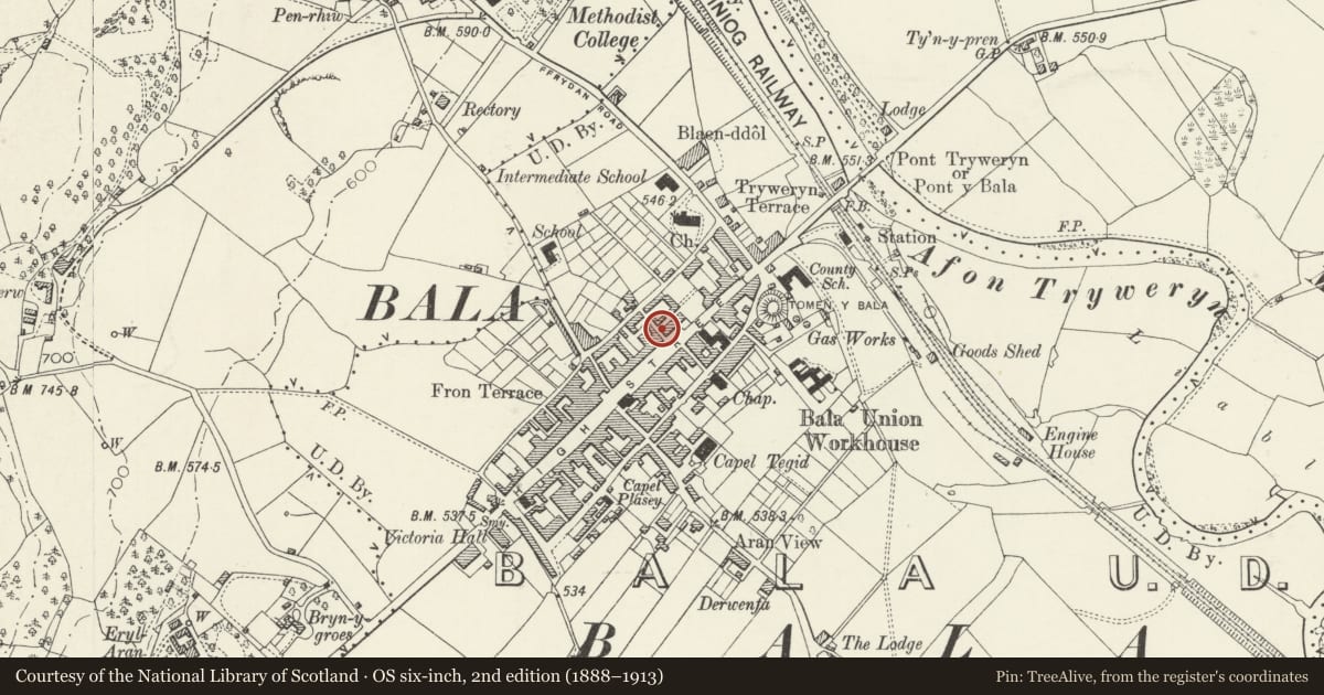 Ordnance Survey six-inch map, 2nd edition (1888–1913) covering the location of Heulfryn, Including Forecourt Walls and Railings, Bala, Gwynedd, with a pin at the register's coordinates