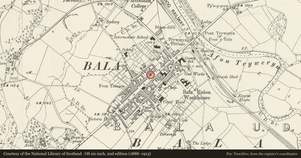 Ordnance Survey six-inch map, 2nd edition (1888–1913) covering the location of Yr Eryr, Bala, Gwynedd, with a pin at the register's coordinates