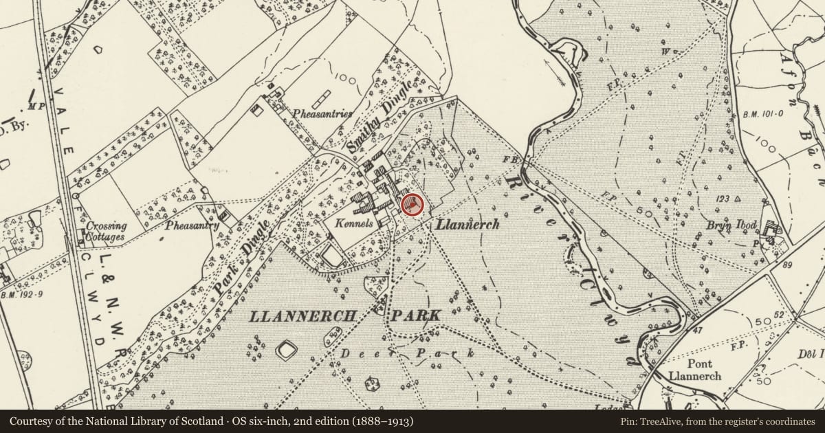 Ordnance Survey six-inch map, 2nd edition (1888–1913) covering the location of No 1 Llannerch Hall, Trefnant, Denbighshire, with a pin at the register's coordinates