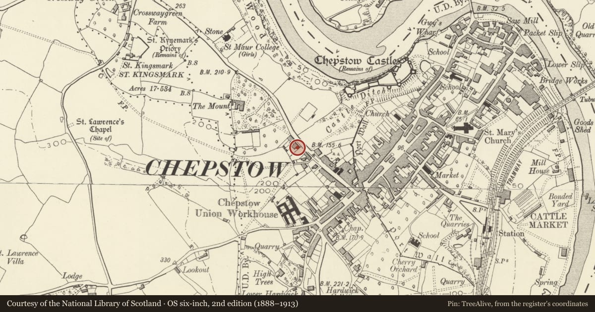Ordnance Survey six-inch map, 2nd edition (1888–1913) covering the location of Fairlight, Chepstow, Monmouthshire, with a pin at the register's coordinates