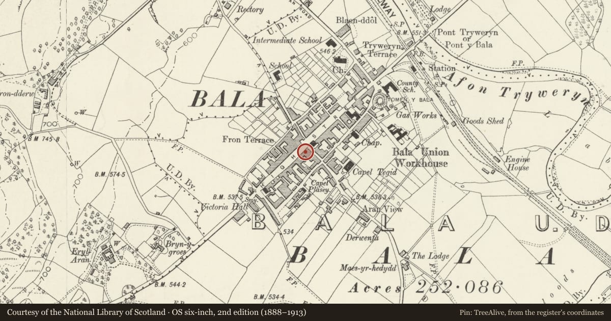 Ordnance Survey six-inch map, 2nd edition (1888–1913) covering the location of Cwpwrdd Cornel Cafe, Bala, Gwynedd, with a pin at the register's coordinates
